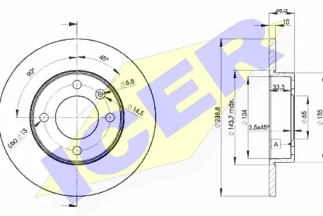 Диск гальмівний (передній) Audi 80 72-86/VW Passat/Golf 73-97/Polo 81-94 (239x10) (з покр.) (повний) ICER 78BD3325-2 (фото 1)