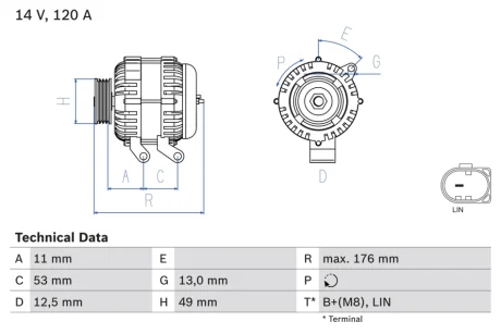 Генератор (14В, 120А, відновлений) FORD B-MAX, C-MAX II, ECOSPORT, FIESTA, FIESTA VI, FOCUS III, FOCUS III/HATCHBACK, FOCUS III/KOMBI, GRAND C-MAX, KA+ III, KUGA II, MONDEO IV 1.0-2.0D 03.07- BOSCH 0 986 082 220