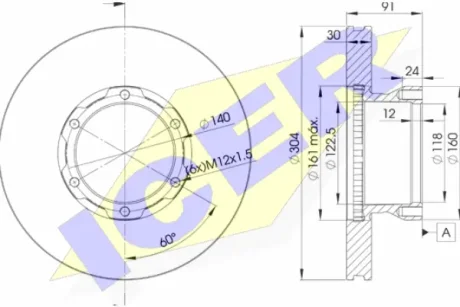 Диск гальмівний (передній) MB 609/Vario 512 16" (304х30) (вентильований) ICER 78BD4240-1 (фото 1)