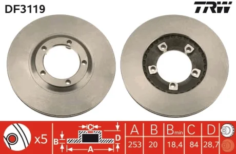Диск гальмівний передн Лів/Прав HYUNDAI GRACE, H-1 / STAREX, H100, PORTER 2.4/2.5D/2.6D 07.93- TRW DF3119