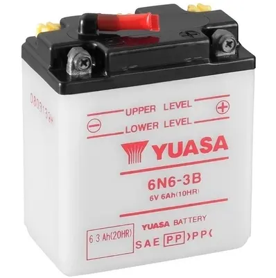 Акумулятор Кислота/Пусковий YUASA 6В 6Агод. R+ Обслуговується 99x57x111мм Сухозаряджений без електроліту необхідна кількість електроліту 0,3л 6N6-3B BENELLI 125 HONDA CB, CL 100-250 1970-1980 Yuasa 6N63B (фото 1)