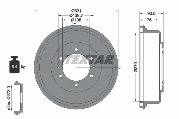 Гальмівний барабан задн MITSUBISHI L200 2.4/2.5D/2.8D 01.96-12.07 TEXTAR 94040400 (фото 1)